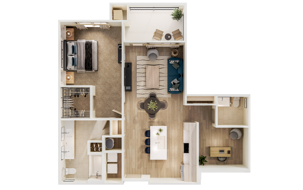 A6D - 1 bedroom floorplan layout with 1.5 bathroom and 937 square feet (3D)